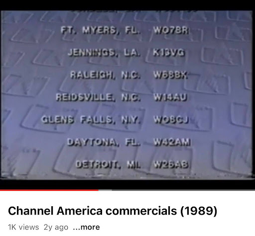 Video of Channel America station identification taken from a commercial break. The background is blue with affiliates listed in text, notably Daytona, FL station W42AM near the bottom.