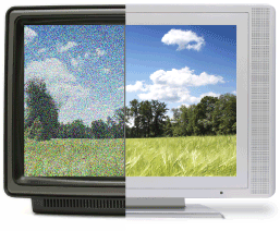 A graphic of an older television split in half. One side has a fuzzy analog signal and the other a crisp digital picture.