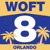 ID: Station ID for WOFT-LD. Yellow background on the top sating 'WOFT', followed by a blue center with a large white '8' and two yellow palm trees. At the bottom, there's text saying 'ORLANDO'.